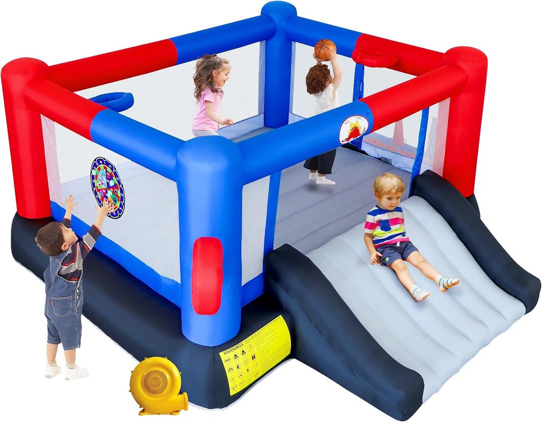 WELLFUNTIME Inflatable Bounce House & Bouncy Castle with Blower, 7 in 1 Jumping Castle, 160x138x60 Inch for 4 Kids, Slide, Ball Pit, 2 Basketball Hoops, Ringtoss & Dartboard