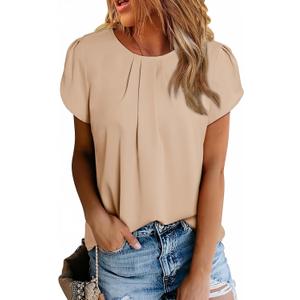Dokotoo Women's Casual Round Neck Basic Pleated Tops Short Sleeve Loose Fit Curved Keyhole Back Chiffon Blouses Tshirts (X-Large)
