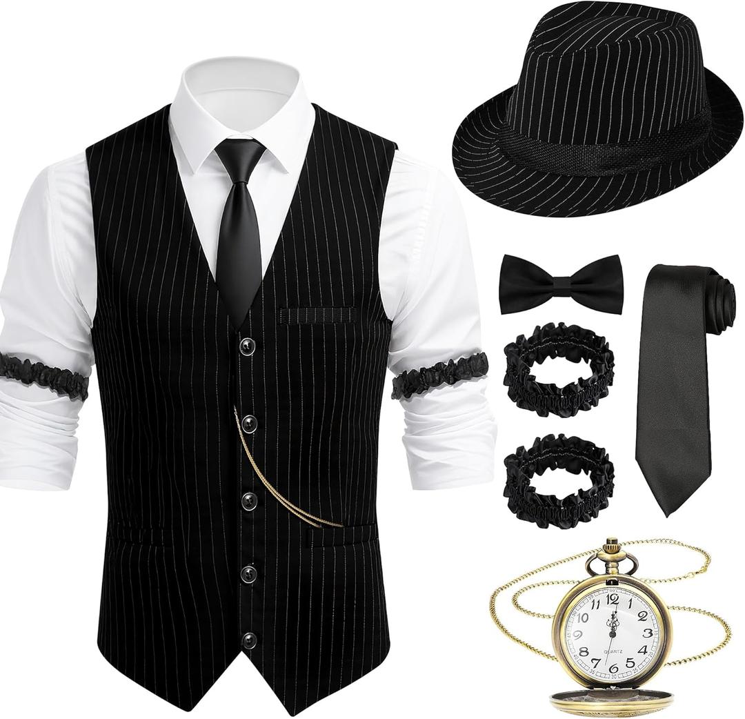 1920s Mens Costume Gatsby Gangster Roaring 20s Costumes for Men with Vest Hat Pocket Watch Bow Tie for Themed Party (XX-Large)