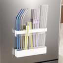 Magnetic Straw Holder for Cabinet, Metal Straw Organizer with Double Sided Adhesive Tape, Reusable Tumbler Straws Storage Dispenser for Fridge Kitchen Counter Cupboard Door(White)