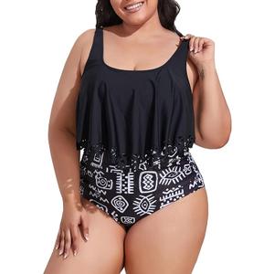 Mooncore Womens Plus Size Swimsuit High Waisted Tankini Bathing Suits Two Piece Flounce Bikini Swimsuit (F8)