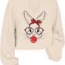 Women's Easter Bunny Sweatshirts Long Sleeve V Neck Cropped Cute Rabbit Shirts Graphic Top (Beige, XL)