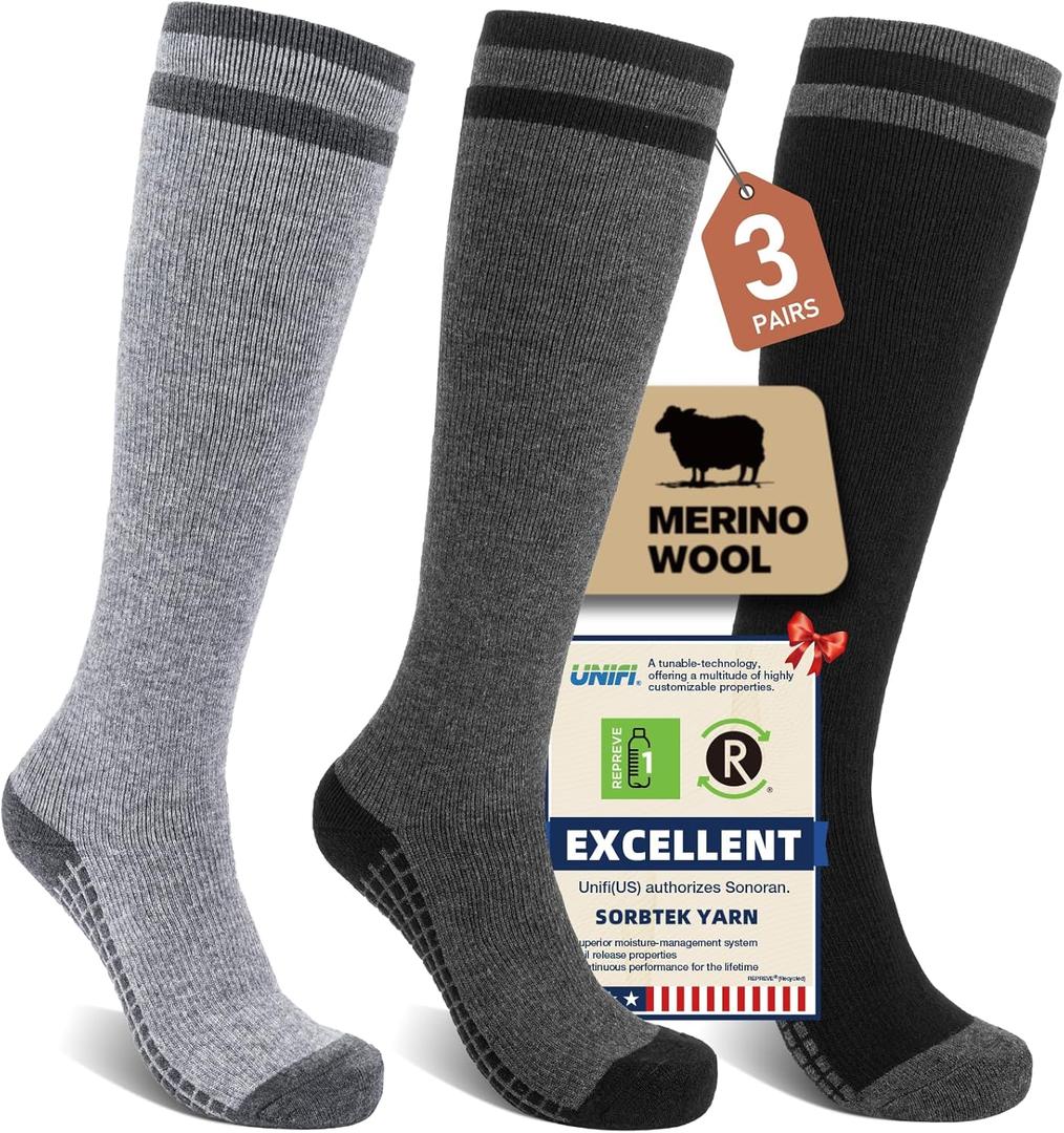 Merino Wool Compression Socks for Women Men (2/3 Pairs) Knee High Winter Thermal Thick Warm for Nurse Pregnant Travel (Small-Medium, Black and Black With Taupe Gray and Gainsboro With Trolley Grey (3 Pairs))