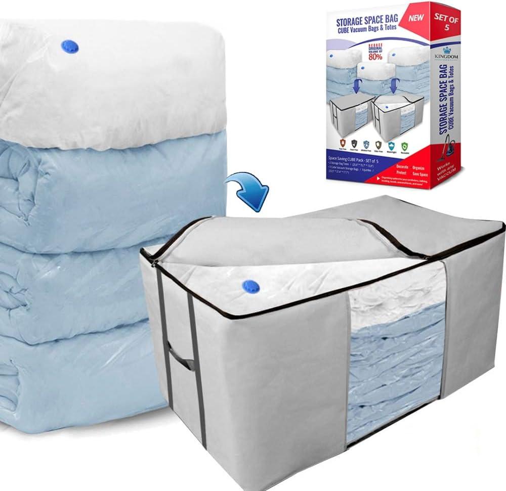 Cube Vacuum Storage Bags, Space Saver Bags, Premium Totes with Cubic Vacuum Compression Seal Bags for Clothing & Bedding. Space Saving Jumbo Organizer for Storing Clothes, Comforters,Blankets,Pillows+ (Gray - Set of 5)