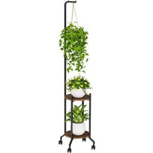 VyGrow Plant Stand Indoor, 2 Tier Hanging Tall Plant Shelf with Wheels, 3 Potted Corner Flower Stand Metal Plant Holder, Plant Shelves for Living Room, Bedroom, Patio, Outdoor, Black