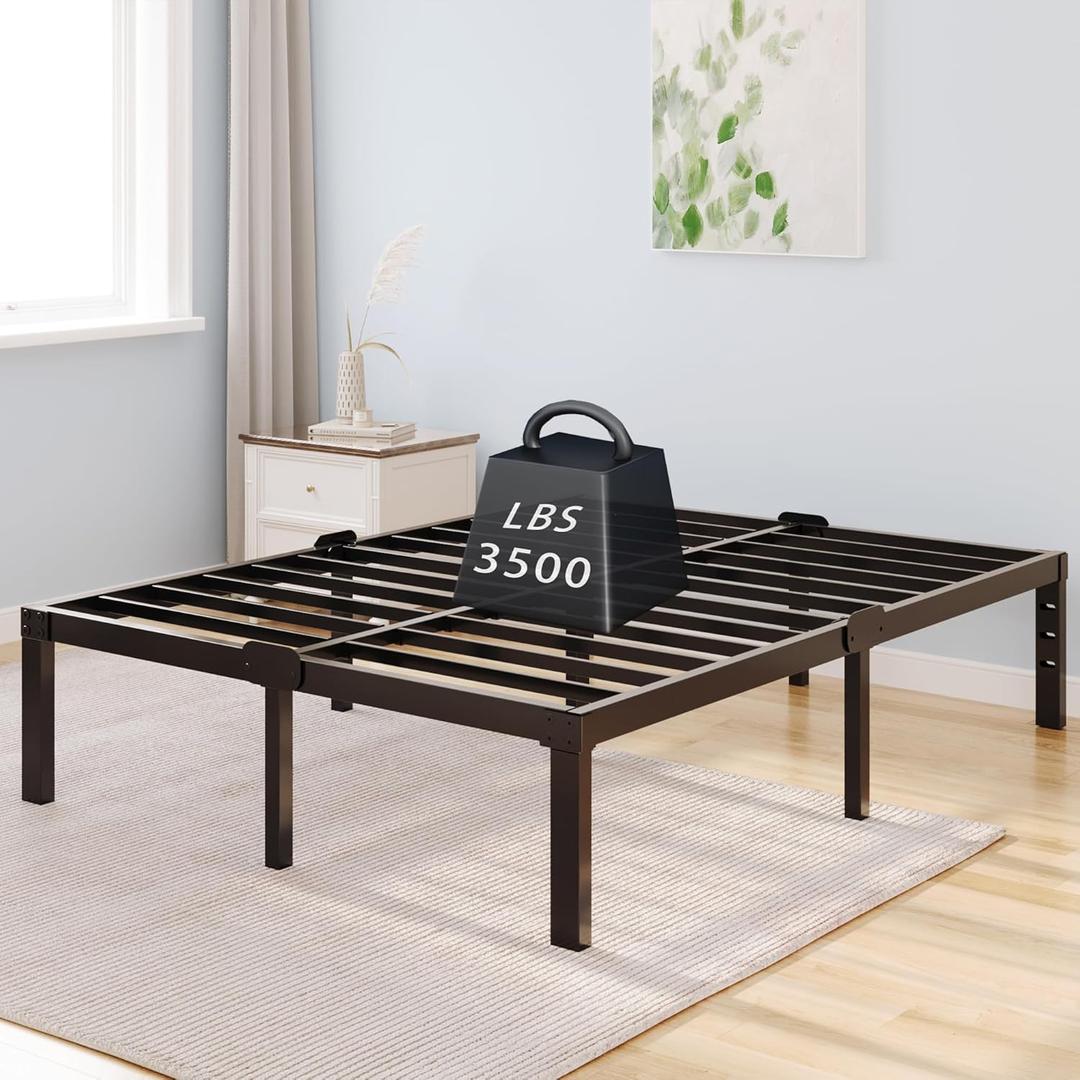 Platform Bed Frame Queen Size with Storage Headboard Compatible 14 inch High Metal No Box Spring Needed Black Mattress Foundation Heavy Duty Steel Slat