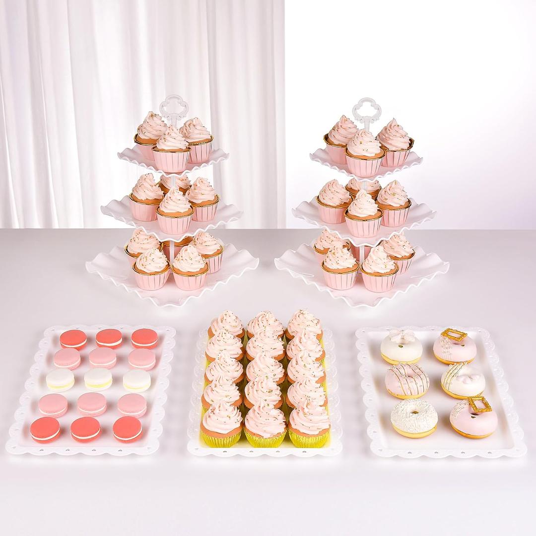 NWK 5 Piece Cake Stand Set with 2 x Large 3-Tier Cupcake Stands, 3 x Appetizer Trays, for Wedding Birthday Baby Shower Tea Party Decorations (White)