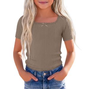 3 x Xaatren Girls Square Neck Short Sleeve T-Shirt, Khaki, 9-10 Years (Beige)
