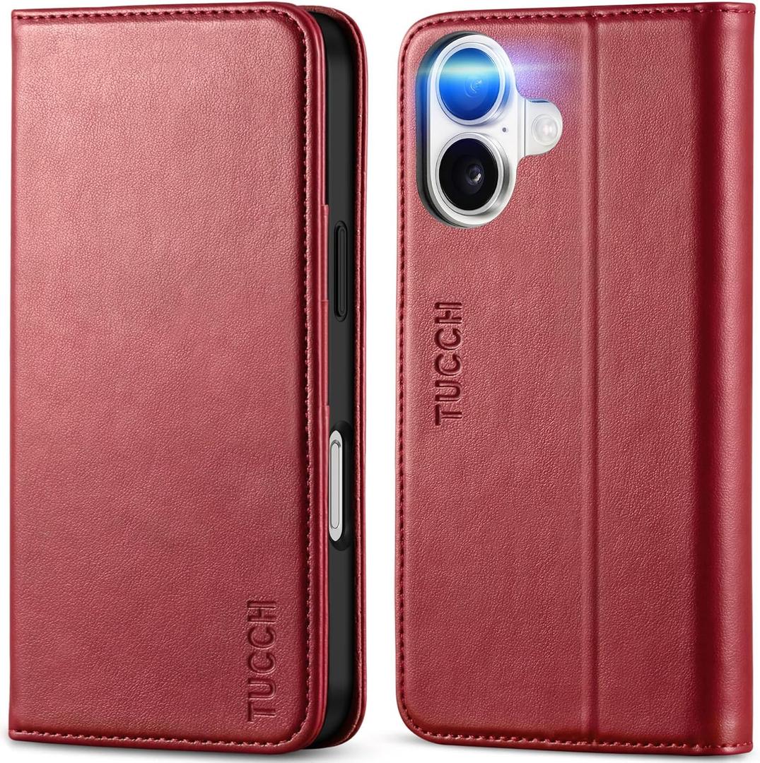 TUCCH Case Wallet for iPhone 16, PU Leather Flip Stand Folio Cover with [RFID Blocking] [3 Credit Card Slot] Shockproof [Soft TPU Interior Shell] Compatible with iPhone 16 2024, Dark Red