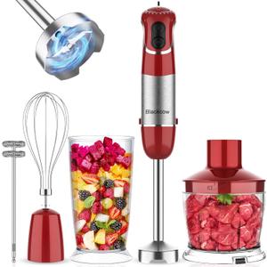 Blackcow Multi-Use 5 in 1 Immersion Blender 3.0, BPA-Free, 800W 12 Speed Hand Blenders for Kitchen, Copper Motor Stainless Steel Blade Emulsion Blender Handheld with Chopper, Whisk and Frother, Red