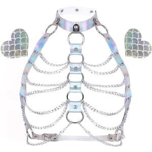 Rave Hologram Body Chest Harness Cage Bra Choker Chain Belts Body Costume with Pasties for Music Festival Roleplay Clubwear (Silver)