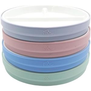 Elk and Friends Kids 6.7 Porcelain Divided Plates with Silicone Sleeves | Suitable for Babies/Kids/Toddlers | Microwave & Dishwasher Safe | Non Slip | Snack Dishes (Blush/Lilac/Sage/MistyBlue)