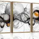 OIQArtOIQ 3 Piece Large Abstract Canvas Wall Art For Living Room Grey and Gold Framed Wall Art Fluid Lines Minimalist Modern Aesthetic Art Prints Artwork For Bedroom Office Dining Room 24x36 in (Black Circle)