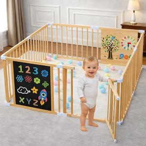 Foldable Wooden Playpen for Babies and Toddlers, 63x63x24 Inch
Natural New Zealand Pine Wood, Black and White Chalkboard, Includes Accessories