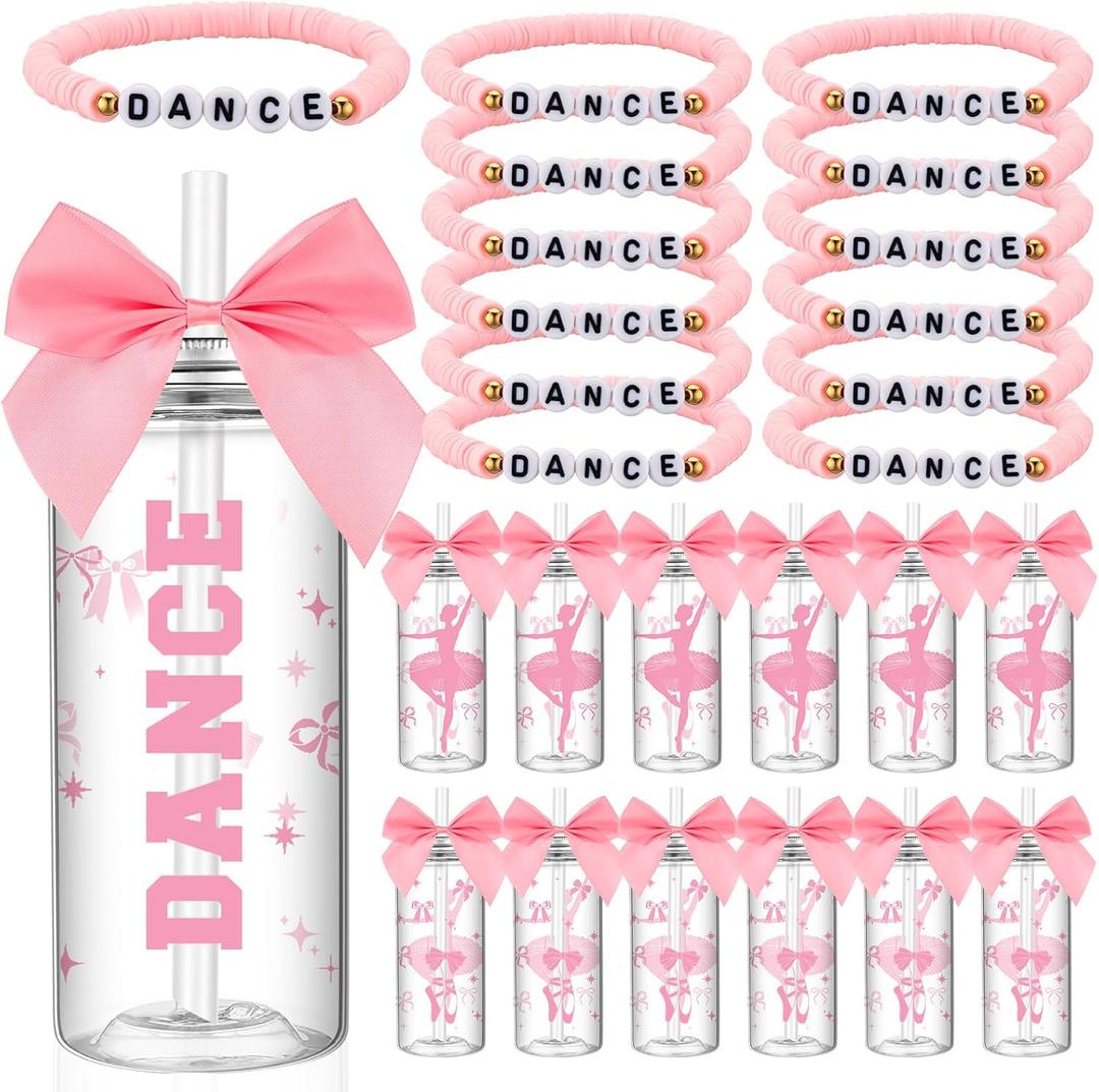 36 Pcs Dance Teacher Appreciation Gifts 14.2 oz Plastic Ballet Cup Beaded Bracelet Pink Bow Ballet Gift for Women Yoga Lovers Sets Birthday Prizes Party Favor Dance Team Gifts Bulk for Team