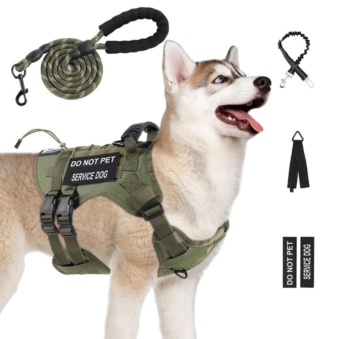 Yungaspy No Pull Tactical Dog Harness for Medium Dogs, Escape Proof Molle Dog Vest Harness and Leash Set, Adjustable Military Service Dog Harness with Handle for Medium Large Dogs(Brown,Medium)