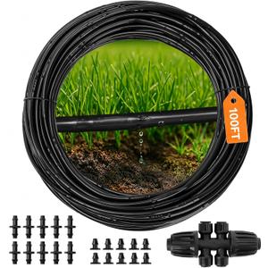 MIXC 1/4" Irrigation Dripline Tubing (100 Ft Roll), Saving 80% Water, 6" Emitter Spacing, 0.5 GPH Emitters Built-In Drip Irrigation Line with 1/4" Fittings Included, Black