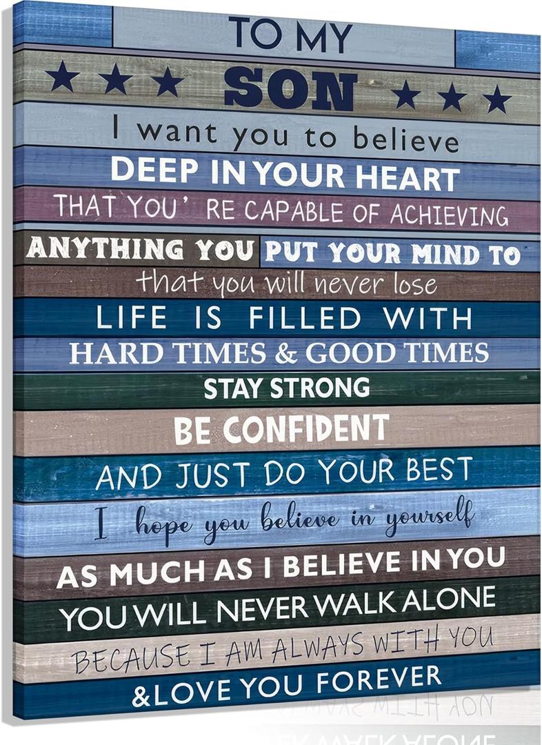 Inspirational Teen Boy Wall Art Motivation Quote to My Son Canvas Poster Wall Decor for Son Gifts Boys Room Living Room Bathroom Framed