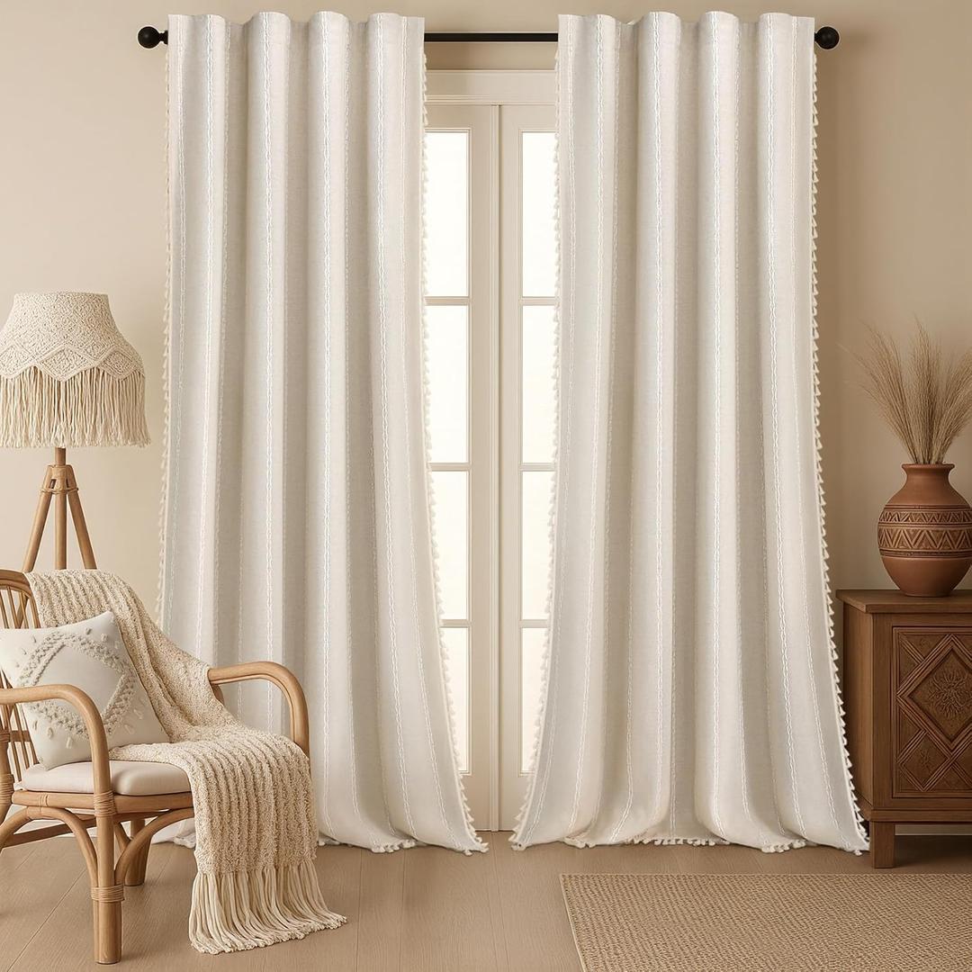 Boho Blackout Curtains 96 Inches Long Beige Linen Blend 2 Panels with Tassels and Cotton Embroidery, Farmhouse Vintage Rustic Rod Pocket Drapes for Living Room or Bedroom