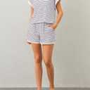 MISSACTIVER 2 Piece Lounge Set Women Stripe Knit Short Sleeve Tee Shirts Shorts Casual Summer Loungewear Shorts Sets (M)