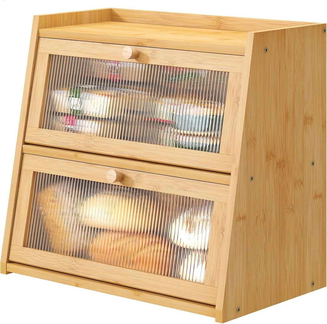 Bread Box for Kitchen Counter, Double Layer Large Bamboo Wood Bread Box, Bamboo Bread Storage Container with Wavy Acrylic Transparent Door 