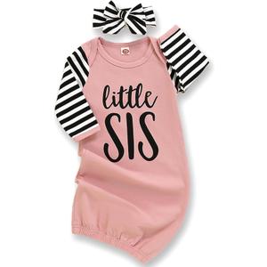 AMAWMW Newborn Baby Girl Little Sister Sleeper Gown Stripe Long Sleeve Nightgown Pajamas Gifts Stuff Essential Outfit (0-6 Months, A Pink Striped Sleeve)