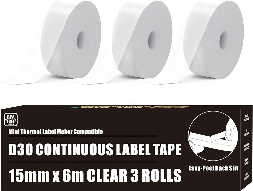 KOl.KIM Clear Continuous D30 Labels, 0.59" x 20ft Non-Precut Label Maker Tape for Phomemo D30, Vretti HP3, HP4, HP6, MARKLIFE P11, P15, D35, Q30, 3 Count