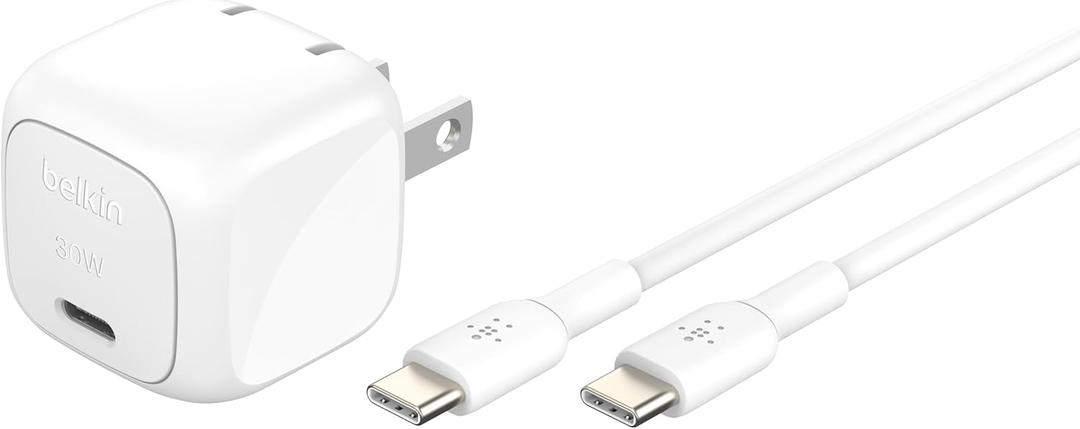 Belkin Compact Charger Block 30W - 1M USB-C to C Cable Included, USB-C PD Super Fast Charging - Samsung Galaxy S25, Apple iPhone 16, 15, 14, 13, iPad, Nintendo Switch 2, Google Pixel 10, etc. - White