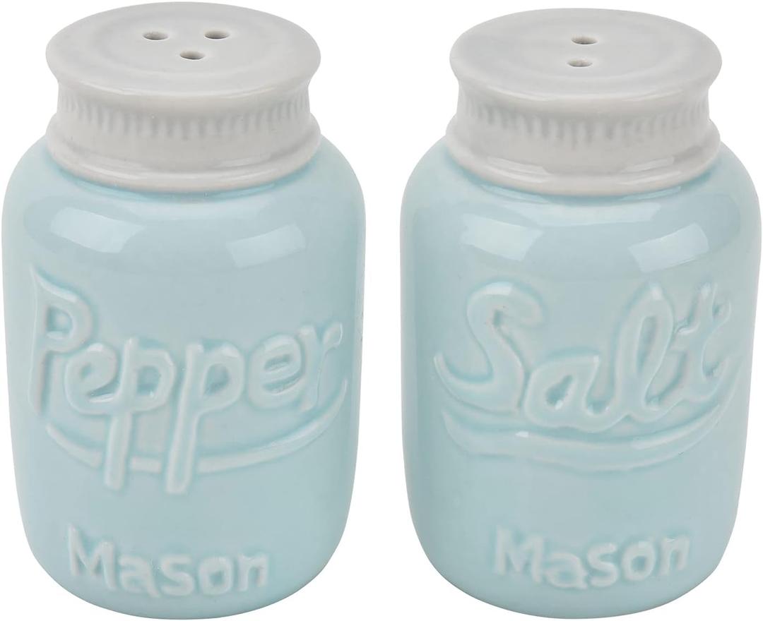 Rustic Farmhouse Mason Jar Salt & Pepper Shakers Set -Vintage Ceramic Salt & Pepper Shaker Set - Retro Shabby Chic Decorative Jar Dispenser for Kitchen