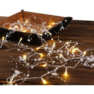 Rhytsing 14.7FT White Pearl Garland with 36 LED Light, Battery Operated Fairy String Lights with Timer for Wedding Christmas Party Event Decoration
