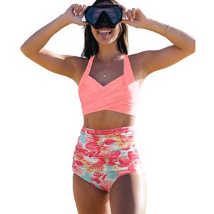 Women High Waisted Swimsuit Halter Triangle Bikini Mold Cup Swimwear Push Up Bathing Suit (Pink, L)