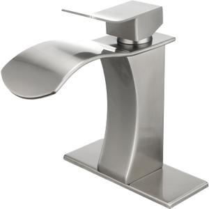 Brushed Nickel Waterfall Bathroom Sink Faucet, Single Handle Vanity Sink Faucet,Homili 1 or 3 Holes Lavatory Faucets with Drain Assembly(Waterfall Spout, Brushed Nickel)
