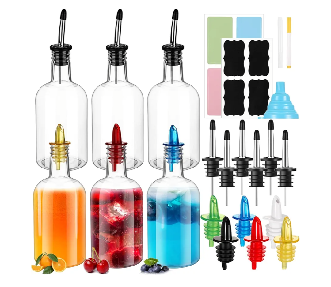 Maxcheck 6 Set 16 oz Plastic Long Neck Bottles with Rainbow Pourer and Caps Plastic Juice Pour Bottles with Stainless Steel Pourer Tapered Spout Syrup Pourers for Liquor Juice Store