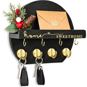 Key Holder for Wall, Key and Mail Holder Organizer - Key Holder Wall Mount with Bouquet Shelf and Key Hooks, Round Wooden Rustic Key Rack for Entryway and Home Decor (Black)