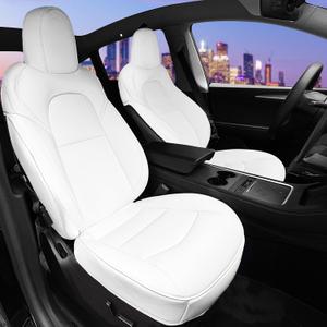 Car Seat Cover Front 2Pcs Full Set Nappa Leather, Tesla Model 3/Y Seat Covers, Waterproof Interior Protector for 2020 2021 2022 2023 2024 Model Y/3 (White)