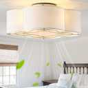 Caged Ceiling Fan with Light, Rattan Flush Mount Ceiling Fans with Lights Remote Control, Low Profile Fabric Enclosed with 6 Speeds for Bedroom, Living Room, Foyer, Nursery (White)