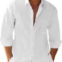 JEKAOYI Button Down Linen Shirts for Men Casual Long Sleeve Regular Fit Cotton Beach Shirts with Pocket (Large, White)
