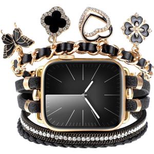 Boho Leather Bracelet Compatible with Apple Watch Band 40/38/41/42/44/45/46/49mm Women, Multilayer Wrap Watch Strap with Unique Pendants for iWatch Series 10/9/8/7/6/5/4/3/SE Metal Chain Charms (Clover Glitter Black)