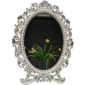 Nerien Decorative Vintage Tabletop Mirror, Retro Metal Countertop Vanity Makeup Mirror, Rose Embossed Antique Oval Coquette Mirror with Stand for Home Bedroom Dressers Living Room Bathroom, Slilver