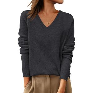 ANRABESS Womens 100% Wool Sweaters V Neck Long Sleeve Work Business Casual Basic Pullover Sweater Tops 2025 Fall Outfits (Medium, Deep Gray)