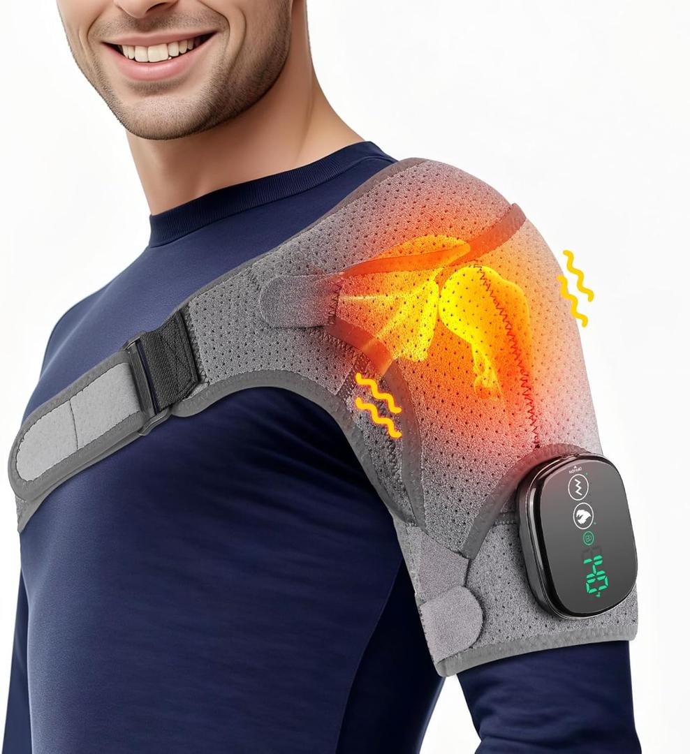 Cordless Shoulder Heating Pad, Heated Shoulder Brace for Men Women Rotator Cuff Pain Relief, Heated Shoulder Wrap with 3 Heat Levels and 3 Vibration Modes for Shoulder Discomfort Relief (Grey)