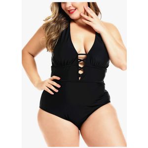 Women's Black Sexy Plus Size Rosa Floral Print One Piece Swimsuit,Plunge Neckline with Lace Up Detail Swimwear, Size -22W