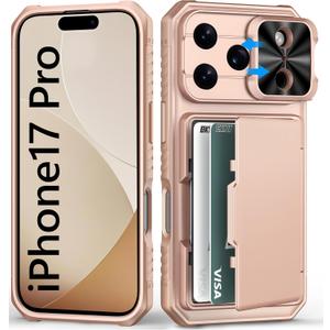 for iPhone 17 Pro Phone Case Wallet, Card Holder (4-5 Cards), Slide Camera Cover, Military Grade Protection, Rugged Hard Women Girly Men Protective Case for iPhone17 Pro 6.3", Rose Gold