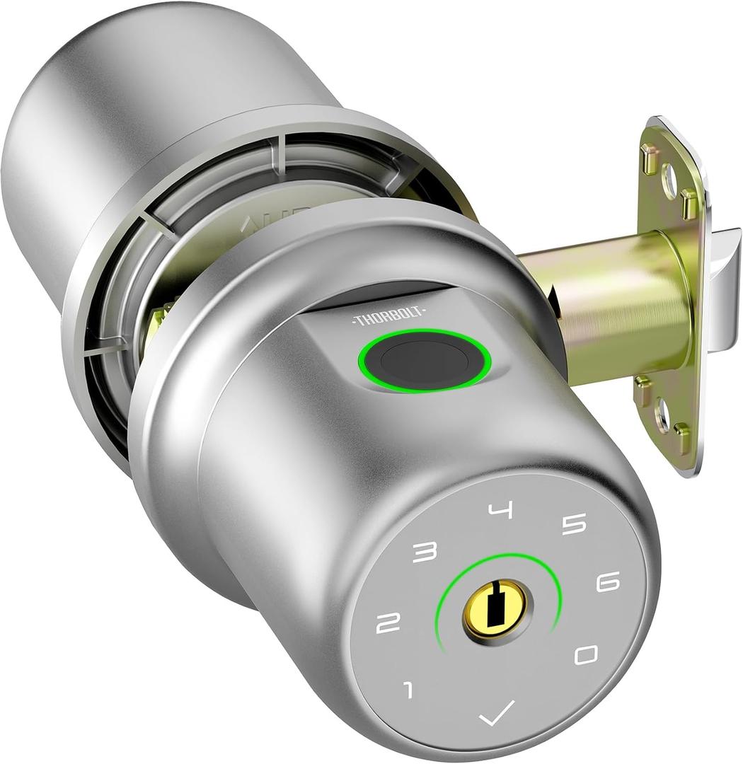 ThorBolt G1 Fingerprint Door Knob Lock with Keypad Biometric Door Knob Auto-Lock 4* AAA Alkaline Batteries Interior Door Lock for Bedroom, Garage, Office, Pantry Door Silver