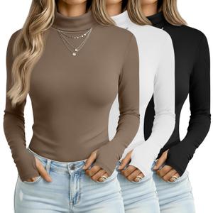 3 Pack Women's Long Sleeve Turtleneck T-Shirts, Thumbhole Slim Fit Base Layer Tops Mock Neck Thermal Underwears (X-Large, Khaki, White, Black)