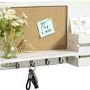 MyGift Entryway Wall Organizer Vintage White Wood Entryway Rack Mail Sorter with Corkboard, 4 Brass Metal Hooks & Glass Vase