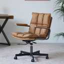 Home Office Desk Chair, Leather Ergonomic Computer Chair with Wheels and Oak Arms, Adjustable Height Rolling Swivel Executive Chair, Camel Brown