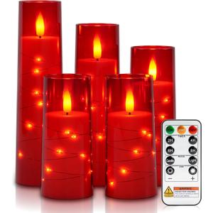 Raycare Flameless Candle with Remote Timer  5 Flickering Acrylic Battery Operated LED Pillar Candles with Embedded Star String for Halloween, Home Decor, and as a Gift(Red)