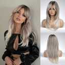 Honygebia Brown Blonde Wig with Bangs - Long Wavy Ombre Curtain Bang Wigs for Women, Brown to Blonde Light Ash Dark Roots Synthetic Hair, Heat Resistant Natural Cute Wigs for Halloween/Christmas