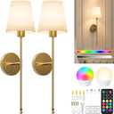 Brightown Battery Operated Wall Sconces Set of 2, Cordless Wall Lights with Rechargeable Bulbs and Remote, 12 Lighting Colors and Dimmable, Battery Powered Wall Lights for Bedroom Living Room, Gold
